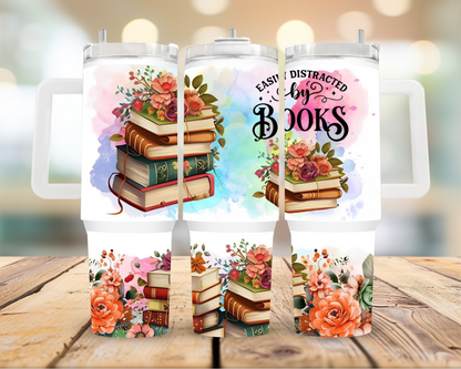40oz Easily Distracted by Books Tumbler featuring book lover reader inspired artwork