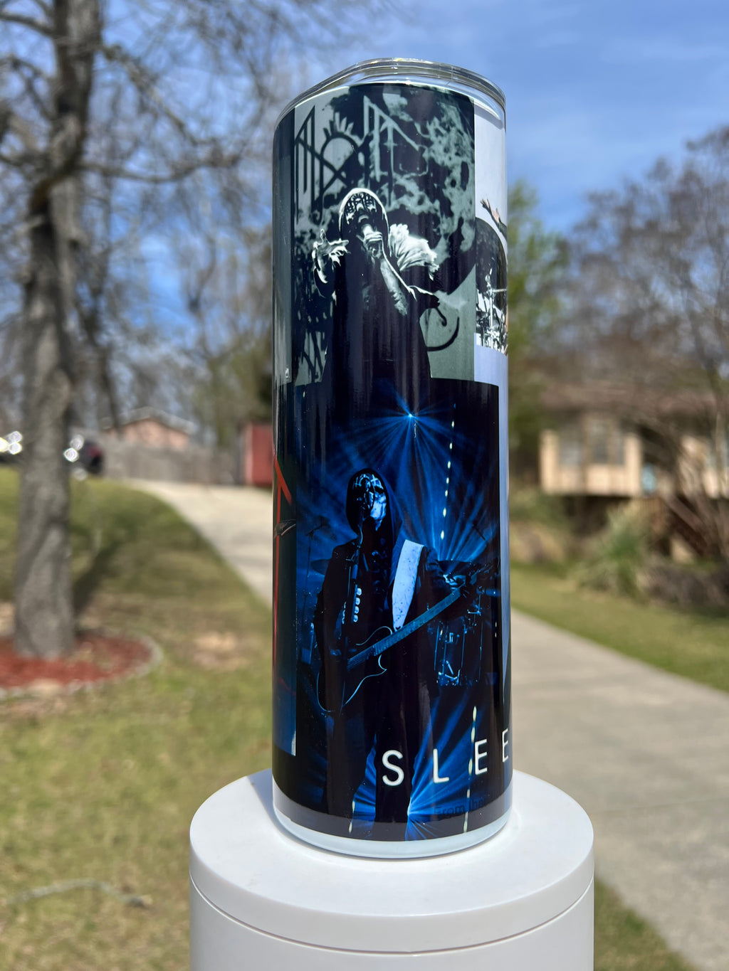 Sleep Token collage 20oz skinny tumbler with dark aesthetic band design featuring Take Me Back to Eden inspired artwork