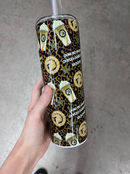 Leopard print 7 Brew tumbler featuring Get in loser text and gold logo patterns against a black and animal print background