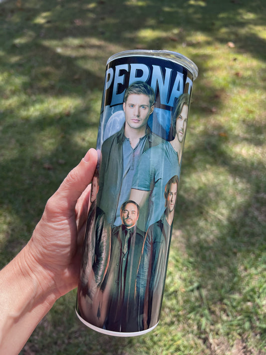 KimTheGrimm Supernatural SPN Sam Dean and Castiel 20oz stainless steel tumbler cup.⁠