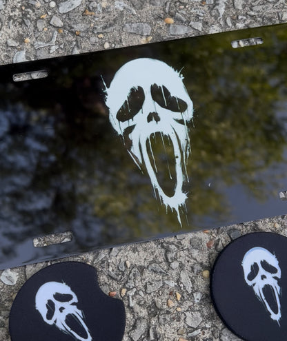 Ghostface Car Coaster & License Plate | Scream featuring ghostface scream car decor inspired artwork
