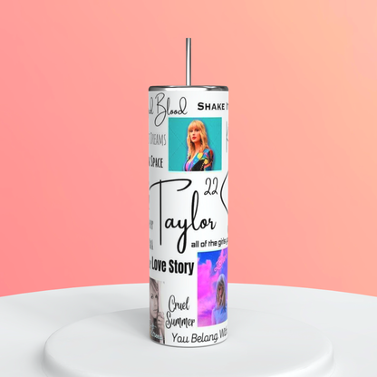 20oz Pop Star Eras Collage Tumbler featuring pop star music eras inspired artwork