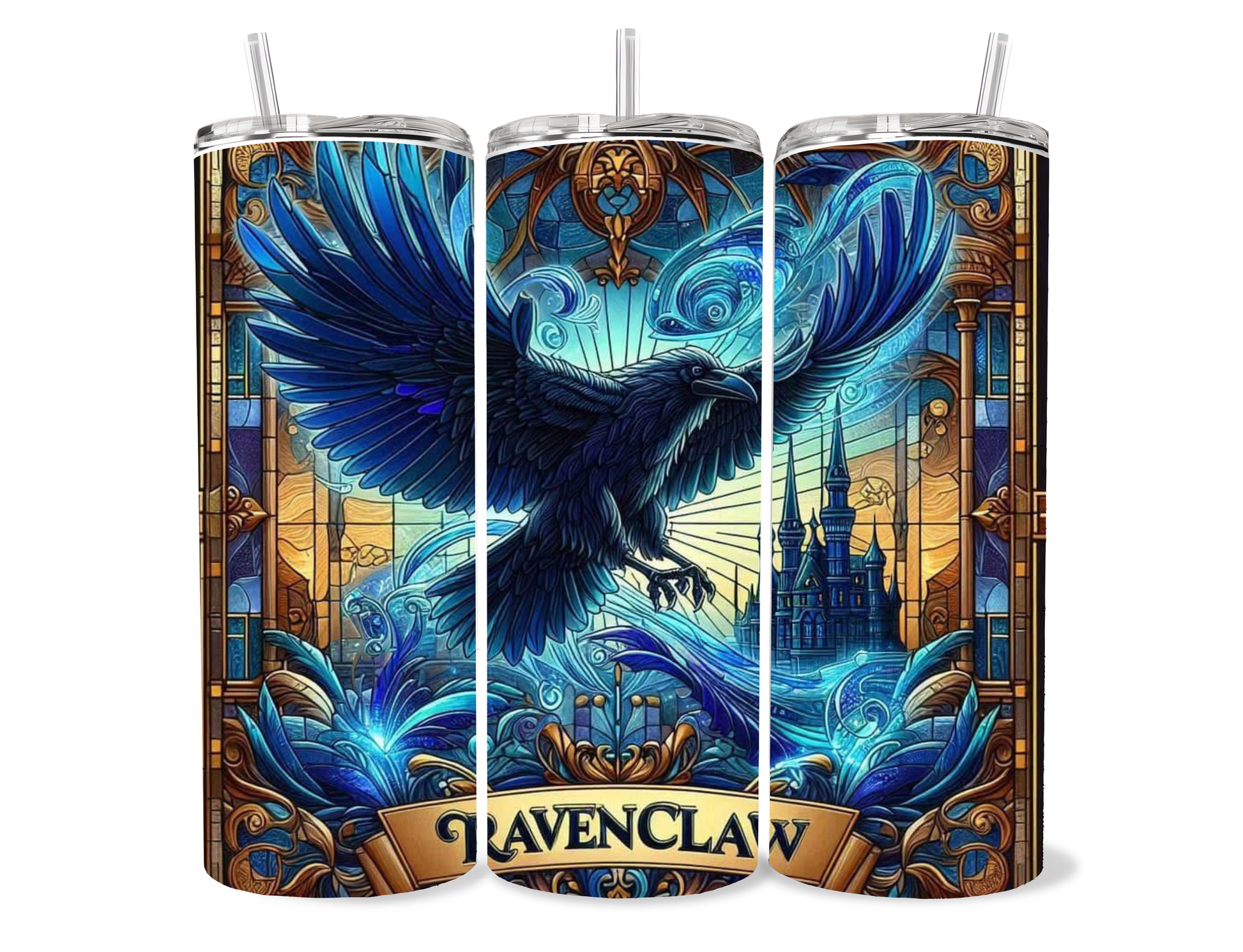 20oz Wizard Academy House Crest Tumbler featuring fandom-inspired artwork