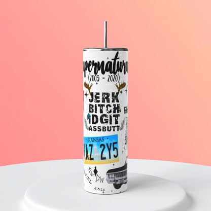 20oz Supernatural White Collage Tumbler featuring supernatural fandom inspired artwork