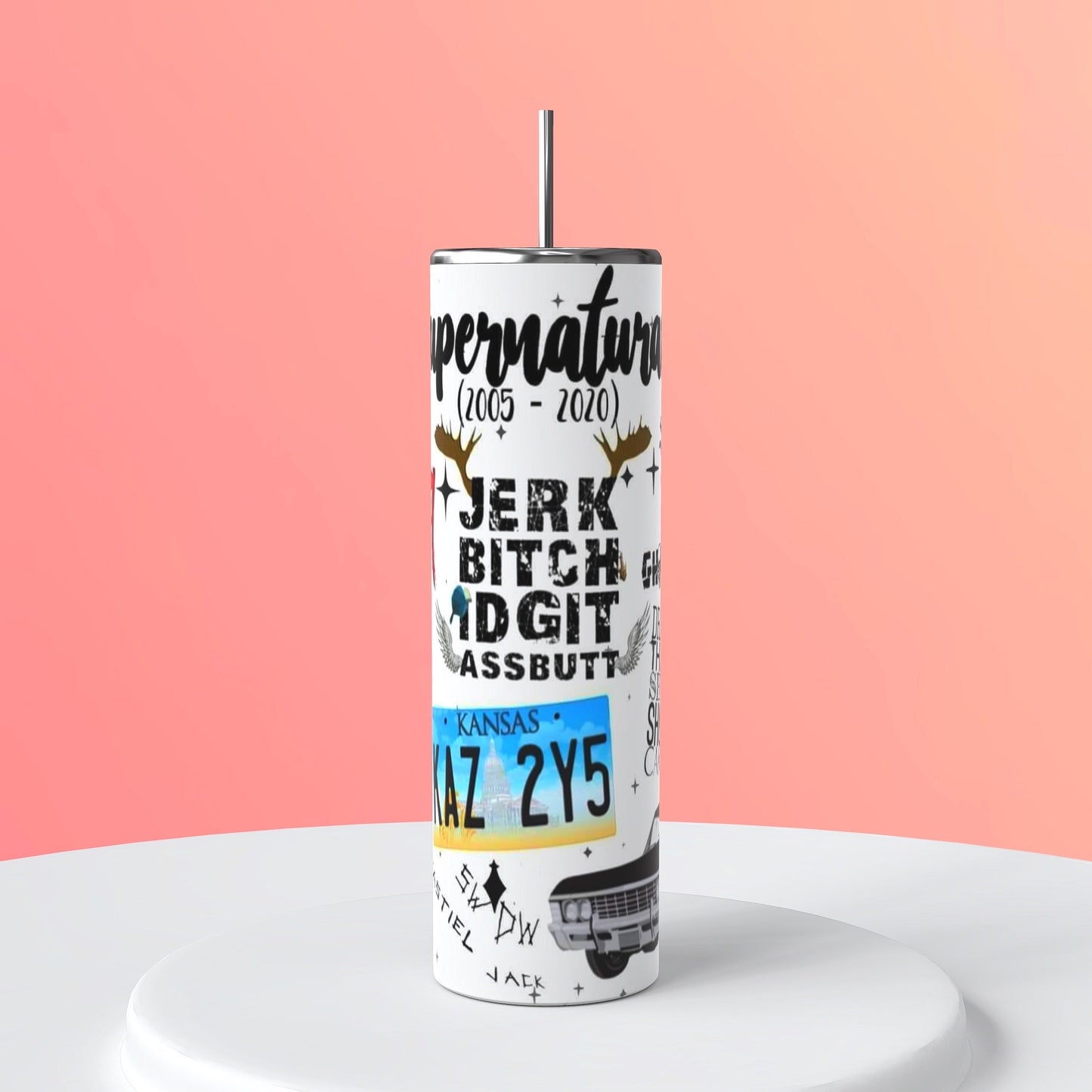 20oz Supernatural White Collage Tumbler featuring supernatural fandom inspired artwork