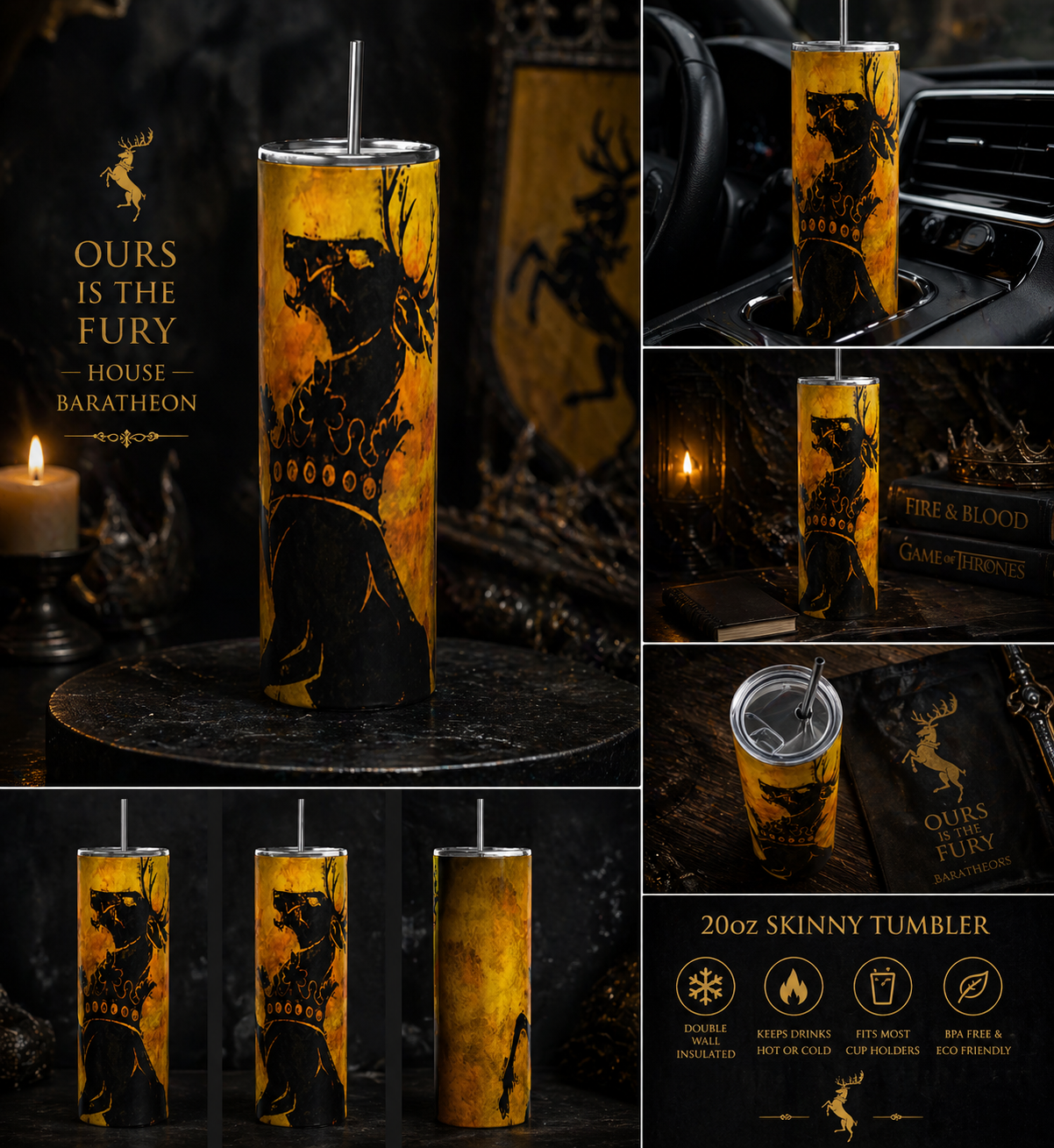 House Baratheon Tumbler 20oz | Ours Is The Fury Cup | Game of Thrones Stag Sigil Insulated Drinkware featuring the design artwork