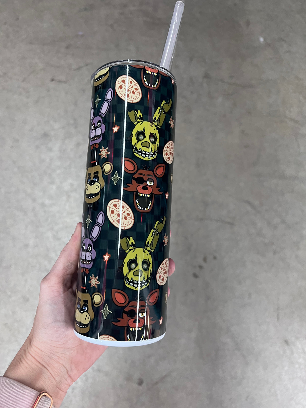 KimTheGrimm FNAF Five Nights at Freddys animatronics sublimated 20oz stainless steel tumbler cup.