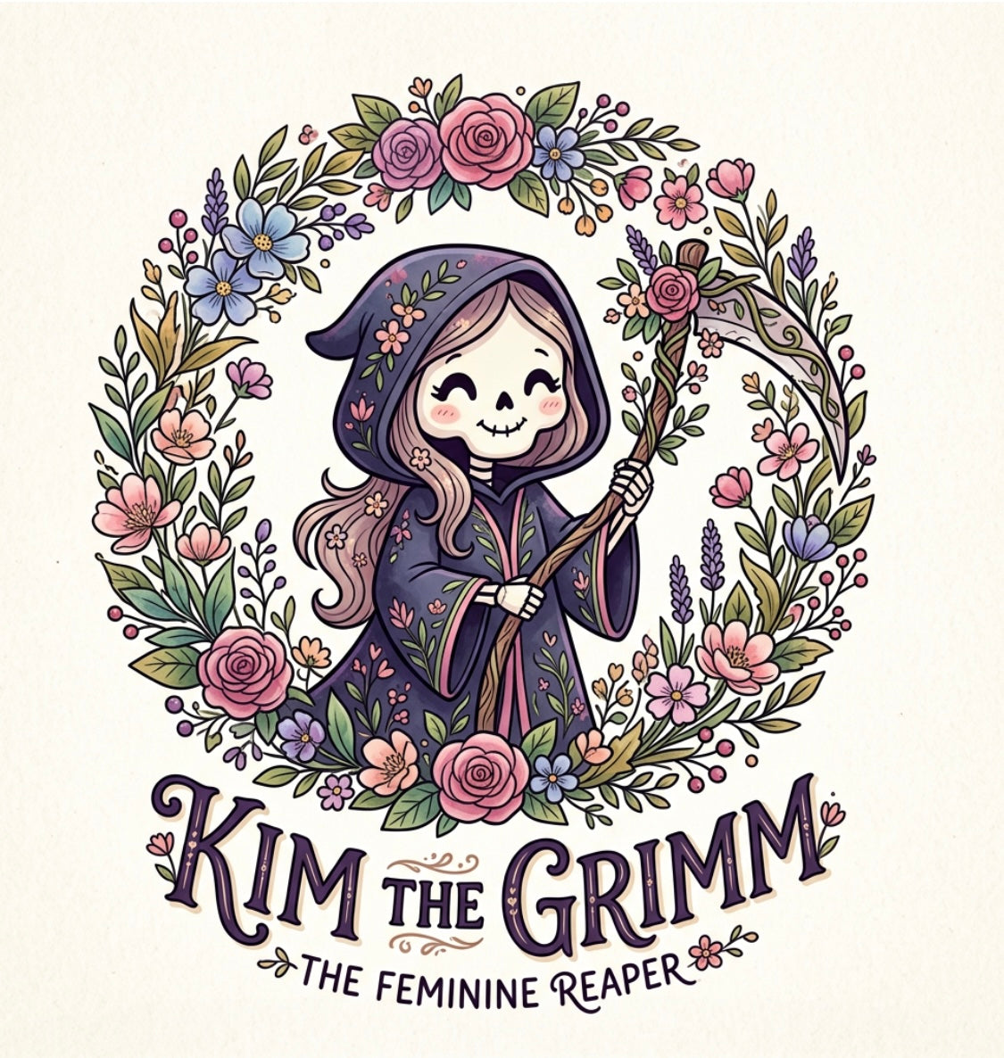 Illustration of a skeleton in a hooded robe surrounded by flowers with 'Kim the Grimm' text.