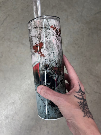 A sublimated survival horror gamer tumbler showing a grunge-style wrap with dark smudges, faux rust, and red splatters.